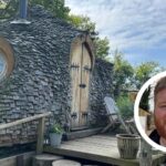 eco lodge on a farm with picture of farmer Ben Aveling in a circle