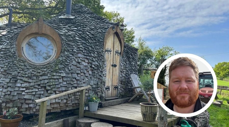 eco lodge on a farm with picture of farmer Ben Aveling in a circle