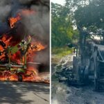 on the left a picture of a tractor fully alight, and on the right, the shell of the tractor after the fire has been put out