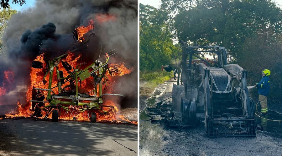 on the left a picture of a tractor fully alight, and on the right, the shell of the tractor after the fire has been put out