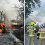 Six fire crews responded to a blaze in Llangeler, Wales, involving a tractor, two vehicles, bales and a building.