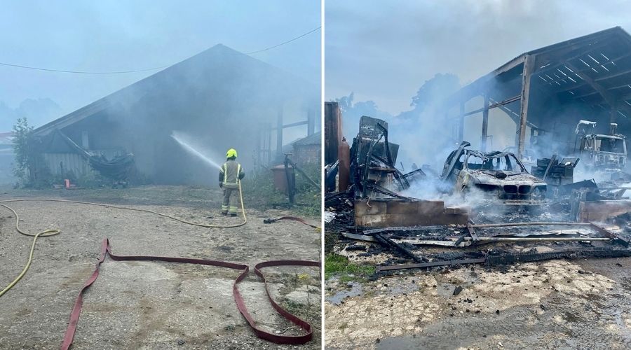 Several farm buildings and vehicles have been destroyed in a huge blaze in Little Hallingbury, Essex County Fire and Rescue Service confirmed.